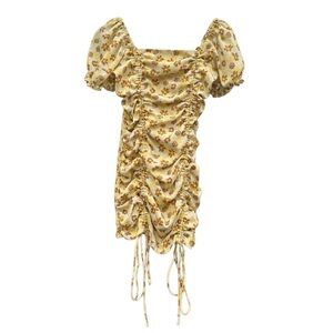 Botanik Studio Women's Yellow Floral Ruched Drawsting Mini Boho Dress Size Small
